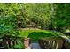 Wood stairs lead down to a lush backyard with mature trees for privacy at 5605 Cary Glen Blvd, Cary, NC 27519