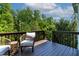 Relaxing outdoor deck featuring comfortable wicker chairs and a view of the beautiful green trees at 5605 Cary Glen Blvd, Cary, NC 27519