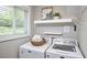 Well-lit laundry room featuring modern washer and dryer units and functional shelving at 918 Orient St, Durham, NC 27701