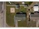 Overhead aerial view of home, storage shed, firepit, and nearby homes in the neighborhood at 101 Pine St, Dunn, NC 28334