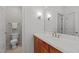Neutral bathroom with vanity with sink, toilet, and shower featuring modern fixtures at 103 Woodland Ridge Ct, Cary, NC 27519