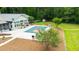 Aerial view of backyard showcasing a covered pool, outdoor seating, covered patio, and greenery at 11 Pine Forest Dr, Siler City, NC 27344