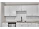 Close up of modern sink, white cabinets and granite countertops in kitchen at 1230 Wingstem Pl, Raleigh, NC 27607
