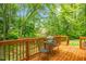 Wooden deck with a bistro set, surrounded by lush greenery, a cozy place for outdoor relaxation at 1305 Montreux Ct, Mebane, NC 27302