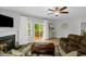 Bright living room featuring fireplace, ceiling fan, and access to the back deck at 1305 Montreux Ct, Mebane, NC 27302