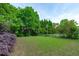 Lush green backyard featuring well-maintained lawn, mature trees, and a black iron fence at 2832 Cameron Pond Dr, Cary, NC 27519