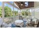 Inviting screened porch with comfortable seating, ceiling fan, and a view of the trees at 2832 Cameron Pond Dr, Cary, NC 27519