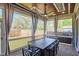 Covered screened porch with ceiling fan, outdoor dining and backyard views at 301 Georgetown Rd, Raleigh, NC 27608