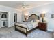 Cozy main bedroom features neutral tones, a walk-in closet, and matching bedside lamps at 315 King George Loop, Cary, NC 27511