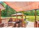This back deck has outdoor furniture and a pergola with a view of the manicured lawn at 3214 Saddle Club Rd, Mebane, NC 27302