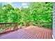 Wooden deck with railing overlooking backyard with lush trees at 3581 Boulder Ct, Wake Forest, NC 27587