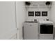 Functional laundry room with modern washer and dryer, shelving, and decorative signage at 3926 Lost Fawn Ct, Raleigh, NC 27612