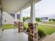Covered porch with stone pillars and a view of the landscaped front yard at 63 Whistling Duck Way, Wendell, NC 27591
