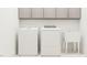 Well-lit laundry room features a white washer, dryer, utility sink, and gray cabinets for ample storage space at 1012 Red Roses Ave, Durham, NC 27703