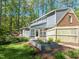Well-maintained backyard with raised garden beds, green lawn, and mature trees offer serene outdoor living at 10609 Lowery Dr, Raleigh, NC 27615