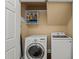 Bright laundry room with washer, dryer, and shelves, provides convenient utility space at 10609 Lowery Dr, Raleigh, NC 27615