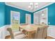 Dining room with turquoise walls features wainscoting, chandelier, and light wood table with six chairs at 11 Glen Valley Ct, Angier, NC 27501