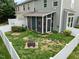 Aerial view of a fenced backyard with a fire pit and screened-in porch at 1109 Renewal Pl, Raleigh, NC 27603