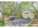 Well-maintained backyard featuring a shed, grill, and stone pathway, perfect for outdoor enjoyment at 1203 Queensbury Cir, Durham, NC 27713