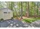 A backyard shed with a gravel pathway, complimented by a play area, all within a wooden fenced yard at 1203 Queensbury Cir, Durham, NC 27713