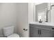 Modern powder room with a gray vanity, white countertop, and sleek fixtures at 1236 Cricket St, Elon, NC 27244