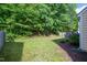 Relaxing backyard featuring a well-maintained lawn, privacy fence, and mature landscaping at 136 River Pearl St, Raleigh, NC 27603