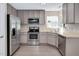 Functional kitchen featuring stainless steel appliances, gray cabinets, and modern fixtures at 136 River Pearl St, Raleigh, NC 27603