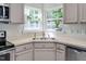 Bright kitchen sink area with double basin, neutral countertops, and natural light from the adjacent windows at 136 River Pearl St, Raleigh, NC 27603