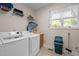 Functional laundry room featuring modern washer and dryer units, storage shelves, and a bright window at 1415 Meadow Wind Ln, Hillsborough, NC 27278