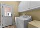 A laundry room with a door to the outside and white cabinets at 255 Capellan St, Wake Forest, NC 27587
