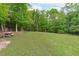 Lush backyard with mature trees and a picnic table, creating a perfect spot for outdoor relaxation at 401 Brinkman Ct, Raleigh, NC 27614