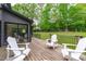 Inviting backyard deck with comfortable seating, a well-manicured lawn, and serene green surroundings at 401 Brinkman Ct, Raleigh, NC 27614
