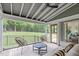 Covered porch with comfortable seating, ceiling fan and scenic view of green lawn at 401 Brinkman Ct, Raleigh, NC 27614