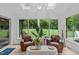 Cozy sunroom with natural light, comfortable seating, and views of the lush backyard at 401 Brinkman Ct, Raleigh, NC 27614