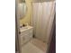 Simple bathroom featuring a vanity sink and shower with curtain at 407 N Cheatham St, Franklinton, NC 27525
