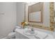 Bathroom featuring decorative mirror, white sink and cabinet, and a nearby toilet at 5420 Royal Troon Dr, Raleigh, NC 27604