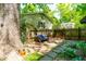 Private backyard offers a tranquil setting with mature trees, stone path, and seating area at 7313 Longstreet Dr, Raleigh, NC 27615