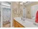 Bright bathroom with a large mirror, white countertop, wood vanity, and decorative shower curtain at 733 Hadrian Dr, Garner, NC 27529