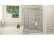 Modern bathroom featuring a soaking tub, separate shower with glass enclosure, and neutral tile for relaxation at 832 Emerald Bay Cir, Raleigh, NC 27610
