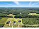 High angle landscape showcasing several homes in a wooded, green area under a blue sky at 8629 Dukes Lake Rd, Zebulon, NC 27597