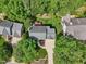 Aerial view of a house with a deck, surrounded by lush greenery and neighboring houses, showcasing the community's layout at 104 Montauk Point Pl, Cary, NC 27513