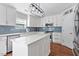 Modern kitchen with white cabinets, an island, stainless steel appliances, and blue backsplash at 1230 Sunday Silence Dr, Knightdale, NC 27545
