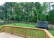 View of backyard with wooden fence, trees, and trampoline, offering a private outdoor space at 1276 Dalgarven Dr, Apex, NC 27502