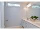 Bright bathroom featuring a double sink vanity with white cabinets, neutral countertop, and tile flooring at 1276 Dalgarven Dr, Apex, NC 27502