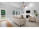 Inviting living room featuring a fireplace, plush seating, and large windows for natural light at 1276 Dalgarven Dr, Apex, NC 27502