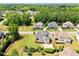 Aerial view highlighting a beautiful backyard and a basketball court, complemented by lush landscaping at 1429 Wragby Ln, Apex, NC 27502