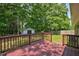 Wooden deck overlooking the wooded backyard with a shed at 1708 S Alston Ave, Durham, NC 27707
