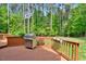 Wooden patio featuring stainless steel grill, brown wood railings, and view of backyard at 2201 Avinshire Pl, Wake Forest, NC 27587
