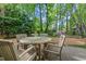 Backyard showcasing a patio with outdoor dining, lush greenery, and mature trees, perfect for enjoying outdoor meals and gatherings at 2908 Bolo Trl, Raleigh, NC 27615