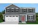 Two-story home featuring gray siding, a two-car garage, and a red front door at 294 N Coral Bells Way, Four Oaks, NC 27524